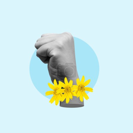 Powerful raised fist contrasts against delicate yellow flowers against a soft blue background. Symbolizing a unique blend of strength. Resilience. Femininity. And peace in a captivating graphic design