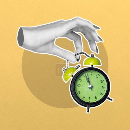 Conceptual image showing a hand adjusting a classic green alarm clock against a yellow background, representing time management, punctuality, and deadline concepts in a minimalist style