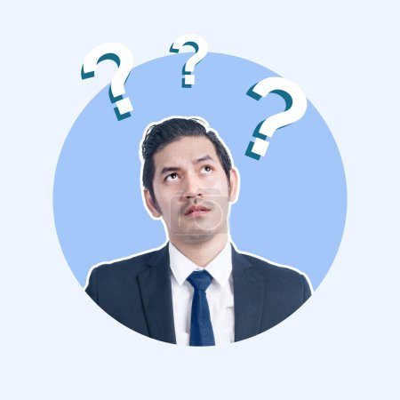 Pensive businessman in a suit looking upward, surrounded by illustrated question marks on a light background, depicting decision making, uncertainty, and problemsolving in a corporate setting