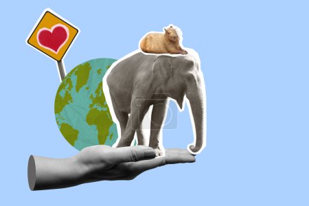 Digital collage showcasing a harmonious scene where a small cat sits atop an elephant, held by a human hand with a love sign and earth in the background
