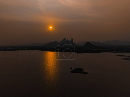 Aerial photograph at Phu Sap Lek, Lop Buri Province, in the evening, sunset and there is a lot of air pollution.