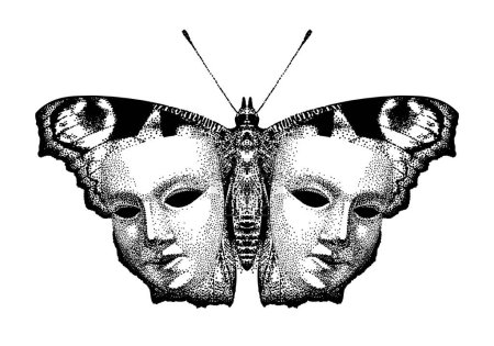 Téléchargez les illustrations : Butterfly with mask for human face. Tattoo template. Black and white dot art on isolated background. Vintage hand-drawn illustration. Realistic engraving sketch. - en licence libre de droit