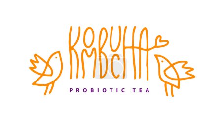 Illustration for Kombucha vector hand written lettering, original calligraphy. Healthy fermented probiotic tea. Superfood drink. Template sign design for logo, print, packaging, label. Isolated on white background. - Royalty Free Image