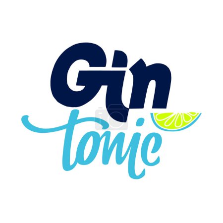Illustration for Inscription Gin Tonic with lime slice. Modern hand-drawn lettering for alcohol cocktail. Handwritten calligraphy label. Isolated on white background for print, design, bar, menu, offers, restaurant. - Royalty Free Image