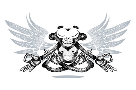 Illustration for Monkey with wings sits in lotus position and keep calm, meditation, levitates. Zen balance, mudra hands. Yoga animal. Vector illustration in sketch style. Mental harmony, mindfulness concept. - Royalty Free Image