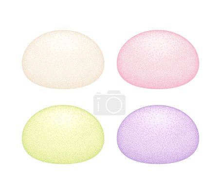Illustration for Mochi colored on white background. Japanese traditional sweet soft dessert. Bento mochi dish. Ball of rice flour with bean paste. Vector illustration with healthy sweet snack. - Royalty Free Image