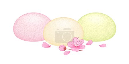 Mochi colored collection with sakura flower and petals on white background. Bento mochi dish. Vector illustration with healthy sweet snack. Japanese traditional sweet soft dessert. Ball of rice flour.