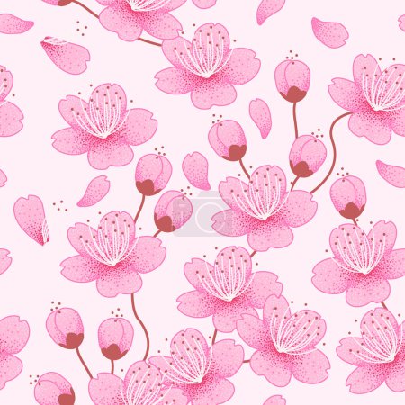 Illustration for Seamless pattern with realistic pink sakura flower on branches. Background symbolizing spring mood. Japanese blooming cherry. - Royalty Free Image