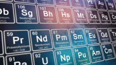 Vista de cerca de la tabla periódica de elementos que resaltan los lantánidos. Ideal para contenido educativo, científico y químico