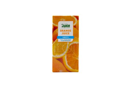 Photo for Irvine, Scotland, UK - February  02, 2023: Aldi branded orange juice in a cardboard container displaying graphics and icons relative to the product and displayed against a white background - Royalty Free Image