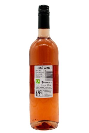 Photo for Irvine, Scotland, UK-July 21, 2023: Cruzares Espania branded Myton  Hill rose wine in a recyclable glass bottle with graphics, icons and symbols relevant to the product - Royalty Free Image