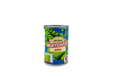 Photo for Irvine, Scotland, UK-July 21, 2023: Aldi branded Four Seasons Marrowfat peas contained in a recyclable tin can with graphics icons and symbols relevant to the product - Royalty Free Image