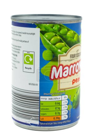 Photo for Irvine, Scotland, UK-July 21, 2023: Aldi branded Four Seasons Marrowfat peas contained in a recyclable tin can with graphics icons and symbols relevant to the product - Royalty Free Image