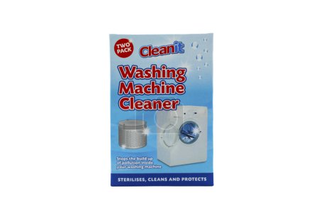 Photo for Irvine, Scotland, UK-July 21, 2023: Cleanit branded washing machine cleaner in a recyclable cardboard box and graphics and symbols relevant to the image - Royalty Free Image