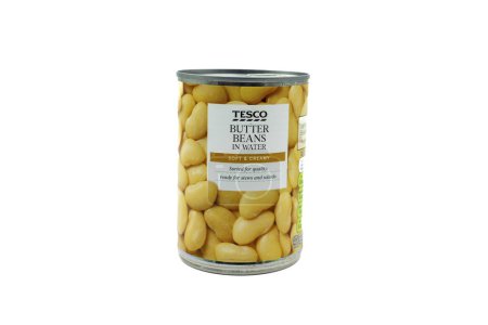 Photo for Irvine, Scotland, UK-July 21, 2023: Tescos branded butter beans in water contained in a recyclable tin can with graphics icons and symbols relevant to the product - Royalty Free Image