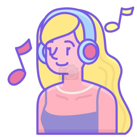 Téléchargez les illustrations : Femme avec écouteurs et illustration vectorielle de musique - en licence libre de droit