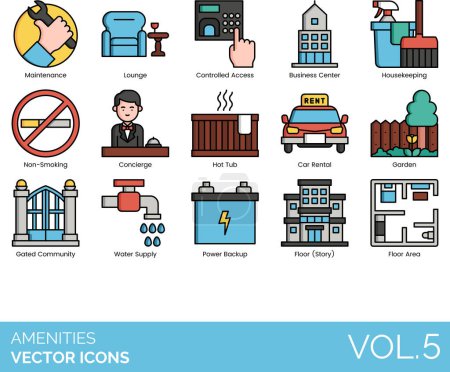 Illustration for Amenities Icons including Air Conditioning, Airport, Balcony, Bar, Barbecue, Bathrobe and Slippers, Bathtub, Breakfast, Bunk Bed, Bus Station, Business Center, Car Rental, CCTV, Chauffeur, Clothes Iron - Royalty Free Image