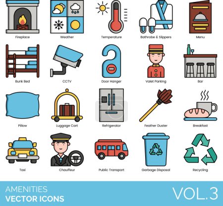 Illustration for Amenities Icons including Air Conditioning, Airport, Balcony, Bar, Barbecue, Bathrobe and Slippers, Bathtub, Breakfast, Bunk Bed, Bus Station, Business Center, Car Rental, CCTV, Chauffeur, Clothes Iron - Royalty Free Image