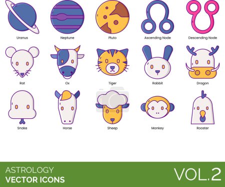 Iconos de astrología incluyendo urano, neptuno, pluto, ascendente, nodo descendente, rata, buey, tigre, conejo, dragón, serpiente, caballo, oveja, mono, gallo.