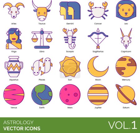 Astrology icons including aries, taurus, gemini, cancer, leo, virgo, libra, scorpio, sagittarius, capricorn, aquarius, pisces, sun, moon, mercury, venus, earth, mars, jupiter, saturn.