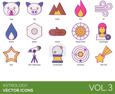 Illustration for Astrology icons including dog, pig, earth, fire, air, water, metal, wood, natal chart, astrologist, comet, eclipse, stars, asteroid, solar system. - Royalty Free Image