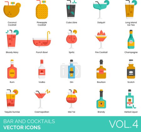 Illustration for Bar and Cocktails Icons including Vector, Icons, Alcoholic, Drink, Bar, Counter, Location, Patron, Stool, Barrel, Bartender, Beer, Bottle, Can, Keg, Mug, Pong, Tap, Bill, Billiard, Bloody, Mary, Bottle - Royalty Free Image