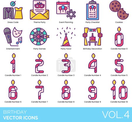 Illustration for Birthday Icons Including Adult Birthday Party, Balloon Animal, Balloon Bouquet, Balloon, Banner, Beer, Beverage, Big Day, Birthday Boy, Birthday Cake 1, Birthday Cake 2, Birthday Candle, Birthday Card - Royalty Free Image