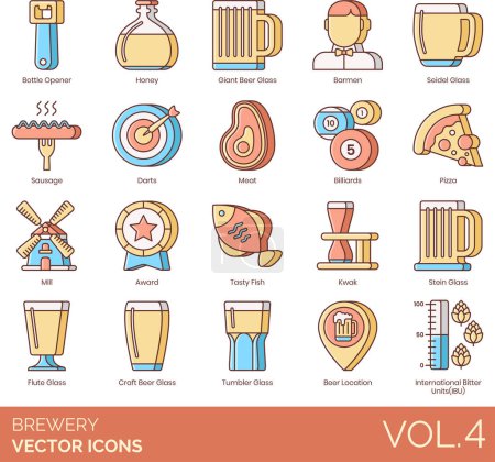 Illustration for Brewery including American Pint Glass, Imperial, Pilsner, Tulip, Belgian, Thistle, Stout, Weizen, Stange, Beer, Mug, Glass Beer Foot, Beer Can, Barrel, Six-Pack, Bottle, Bucket, Craft, Bar, Tap, Pong - Royalty Free Image