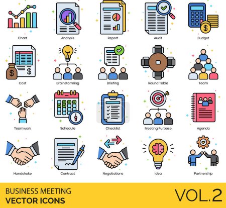 Iconos para reuniones de negocios incluyendo Agenda, Análisis, Argumento, Asistente Femenina, Lista de asistentes, Asistente Masculino, Auditoría, Lluvia de ideas, Maletín, Briefing, Presupuesto, Reunión de negocios, Gente de negocios, Gráfico