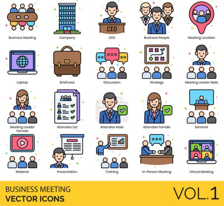 Business Meeting Icons including Agenda, Analysis, Argument, Attendee Female, Attendee List, Attendee Male, Audit, Brainstorming, Briefcase, Briefing, Budget, Business Meeting, Business People, Chart