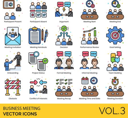 Iconos para reuniones de negocios incluyendo Agenda, Análisis, Argumento, Asistente Femenina, Lista de asistentes, Asistente Masculino, Auditoría, Lluvia de ideas, Maletín, Briefing, Presupuesto, Reunión de negocios, Gente de negocios, Gráfico