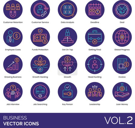 Illustration for Business icons including customer retention, service, data analysis, deadline, deal, employee cost, funds protection, get on top, fired, global progress, growing, growth hacking, headhunting, invoice, job interview, searching, key person, leadership, - Royalty Free Image