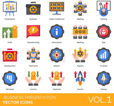 Illustration for Business Presentation Icons including  Agreement, Approve, Audience, Bank, Chart, Boss, Brainstorming, Business, Proposal, Clock, Cloud, Coins, Competition, Conference, Contact, Us, Cooperation, Customer - Royalty Free Image