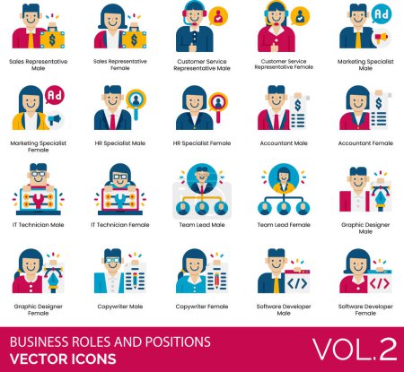 Illustration for Business Roles and Positions Icons including Vector, Icons, Accountant, Administrator, Agent, Analyst, Assistant, Associate, Board, Directors, CCO, CEO, CFO, Chairman, CIO, CMO, Company, Consultant, COO - Royalty Free Image
