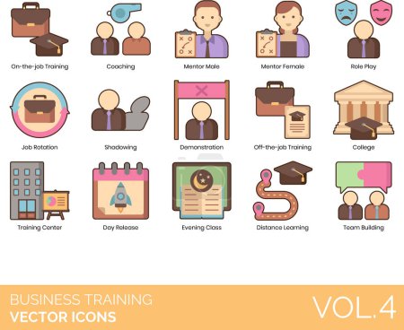 Business Training Icons including Career, CEO, Classroom, Coaching, College, Comment, Needs, Company, Competence, Conference, Course, Day Release, Demonstration, Development, Disengaged, Training