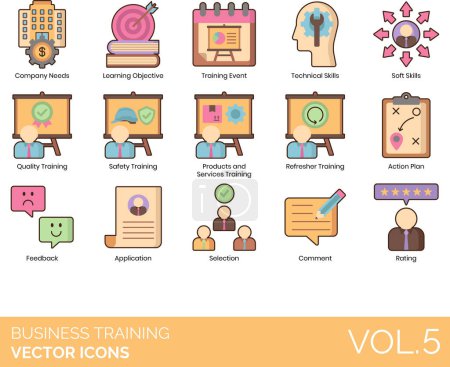 Illustration for Business Training Icons including Career, CEO, Classroom, Coaching, College, Comment, Needs, Company, Competence, Conference, Course, Day Release, Demonstration, Development, Disengaged, Training - Royalty Free Image