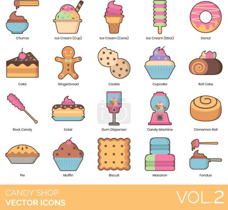 Illustration for Candy Shop Icons Including Biscuit, Bonbon, Bulk Candy, Butterscotch, Cake, Candy Bar, Candy Buttons, Candy Cane, Candy Coated Popcorn, Candy Corn, Candy Flavor, Candy Jar, Candy Machine, Candy Shop - Royalty Free Image