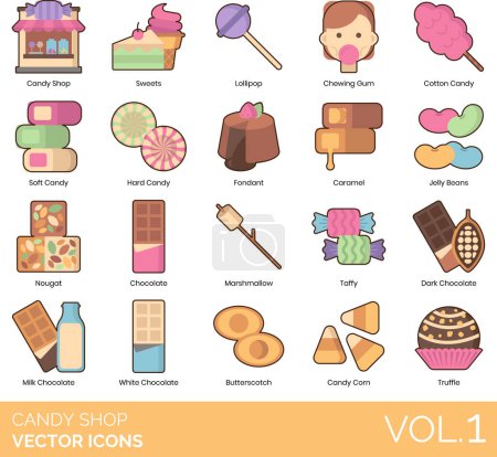 Ilustración de Iconos de la tienda de dulces que incluyen galletas, bombones, dulces a granel, caramelos, tarta, barra de caramelo, botones de caramelo, bastón de caramelo, palomitas de maíz recubiertas de caramelo, maíz dulce, sabor a caramelo, tarro de caramelo, máquina de caramelos, tienda de dulces - Imagen libre de derechos
