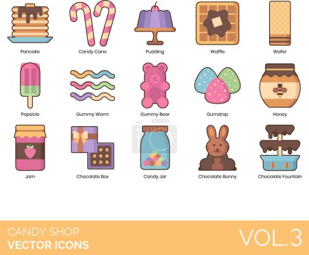 Candy Shop Icons Including Biscuit, Bonbon, Bulk Candy, Butterscotch, Cake, Candy Bar, Candy Buttons, Candy Cane, Candy Coated Popcorn, Candy Corn, Candy Flavor, Candy Jar, Candy Machine, Candy Shop