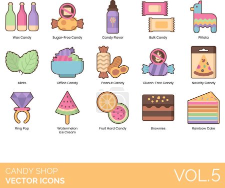 Illustration for Candy Shop Icons Including Biscuit, Bonbon, Bulk Candy, Butterscotch, Cake, Candy Bar, Candy Buttons, Candy Cane, Candy Coated Popcorn, Candy Corn, Candy Flavor, Candy Jar, Candy Machine, Candy Shop - Royalty Free Image