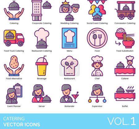 Catering Icons including Appetizer, Bar, Barbecue, Bartender, Beverage, Breakfast, Brunch, Buffet, Canape, Caterer, Catering, Contract, Fee, Chafing, Dish, Champagne, Glass, Chef, Hat, Chocolate, Chip