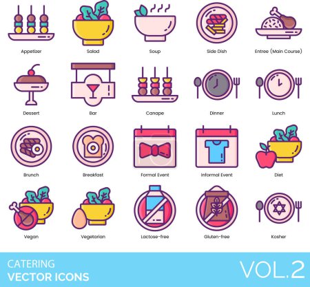 Catering Icons including Appetizer, Bar, Barbecue, Bartender, Beverage, Breakfast, Brunch, Buffet, Canape, Caterer, Catering, Contract, Fee, Chafing, Dish, Champagne, Glass, Chef, Hat, Chocolate, Chip