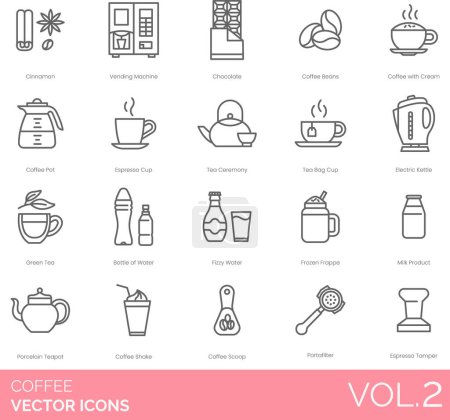 Illustration for Coffee including Aeropress, Biscuit, Bottle of Water, C Shape Drip, Chemex, Chocolate, Cinnamon, Coffee App, Coffee Beans, Coffee Capsules, Coffee Cocktail, Coffee Cup, Coffee is Love - Royalty Free Image
