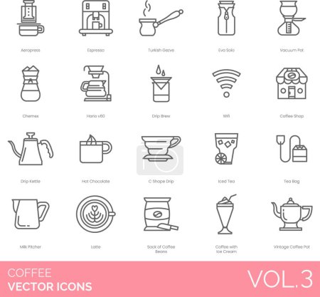 Illustration for Coffee including Aeropress, Biscuit, Bottle of Water, C Shape Drip, Chemex, Chocolate, Cinnamon, Coffee App, Coffee Beans, Coffee Capsules, Coffee Cocktail, Coffee Cup, Coffee is Love - Royalty Free Image