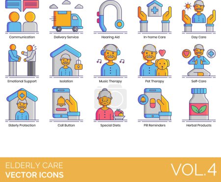 Illustration for Elderly Care Icons including Aging, Alzheimer's and Dementia, Ambulance, Assistance, Assisted Living, Balanced Diet, Book Club, Call Button, Call Doctor, Call Family, Cards, Caregiver Female - Royalty Free Image