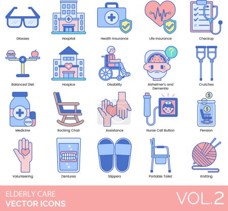 Illustration for Elderly Care Icons Including Aging, Alzheimer's, Dementia, Ambulance, Assistance, Assisted, Living, Balanced, Diet, Book, Club, Call, Button, Doctor, Family, Cards, Caregiver, Checkup, Communication - Royalty Free Image