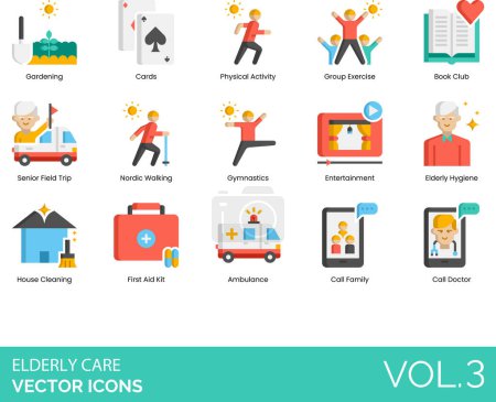 Illustration for Elderly Care Icons including Aging, Alzheimer's and Dementia, Ambulance, Assistance, Assisted, Balanced Diet, Book Club, Call Button, Call Doctor, Call Family, Cards, Caregiver, Checkup, Communication - Royalty Free Image