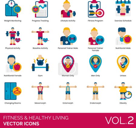 Illustration for Fitness and healthy living icons including weight monitoring, progress tracking, lifestyle, program, exercise schedule, physical activity, baseline, personal trainer, nutritionist, gym, women, men only, unisex, changing room, mesomorph, ectomorph, en - Royalty Free Image