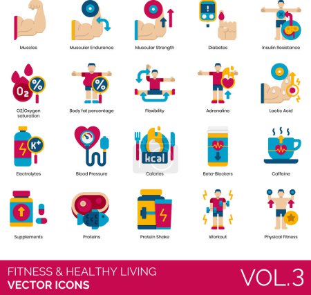 Fitness and healthy living icons including muscle, muscular endurance, strength, diabetes, insulin resistance, O2 oxygen saturation, body fat percentage, flexibility, adrenaline, lactic acid, electrolytes, blood pressure, calories, beta-blockers, caf
