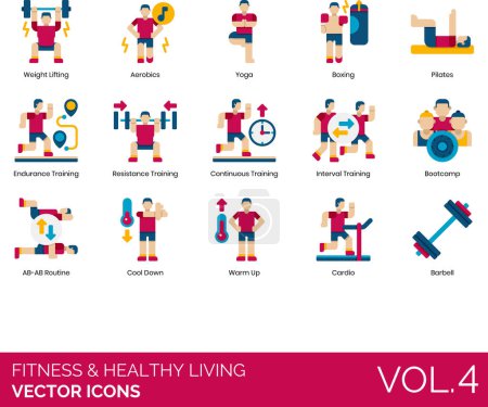 Illustration for Fitness and healthy living icons including weight lifting, aerobics, yoga, boxing, pilates, endurance training, resistance, continuous, interval, boot camp, AB-AB routine, cool down, warm up, cardio, barbell. - Royalty Free Image